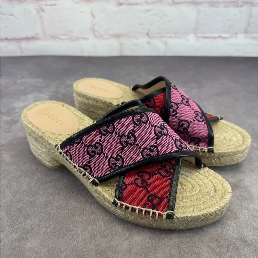 Gucci Multicolor Criss Cross Strap Red and Pink Espadrille Sandals Slides 37